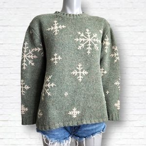 EDDIE Bauer Vintage Green Wool Snowflake Knit Crewneck Sweater Size S